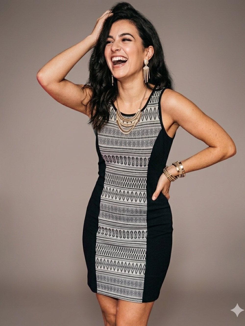BCX Fitted Sleeveless Black Dress‎ with Geometric Ivory Panel Short Mini